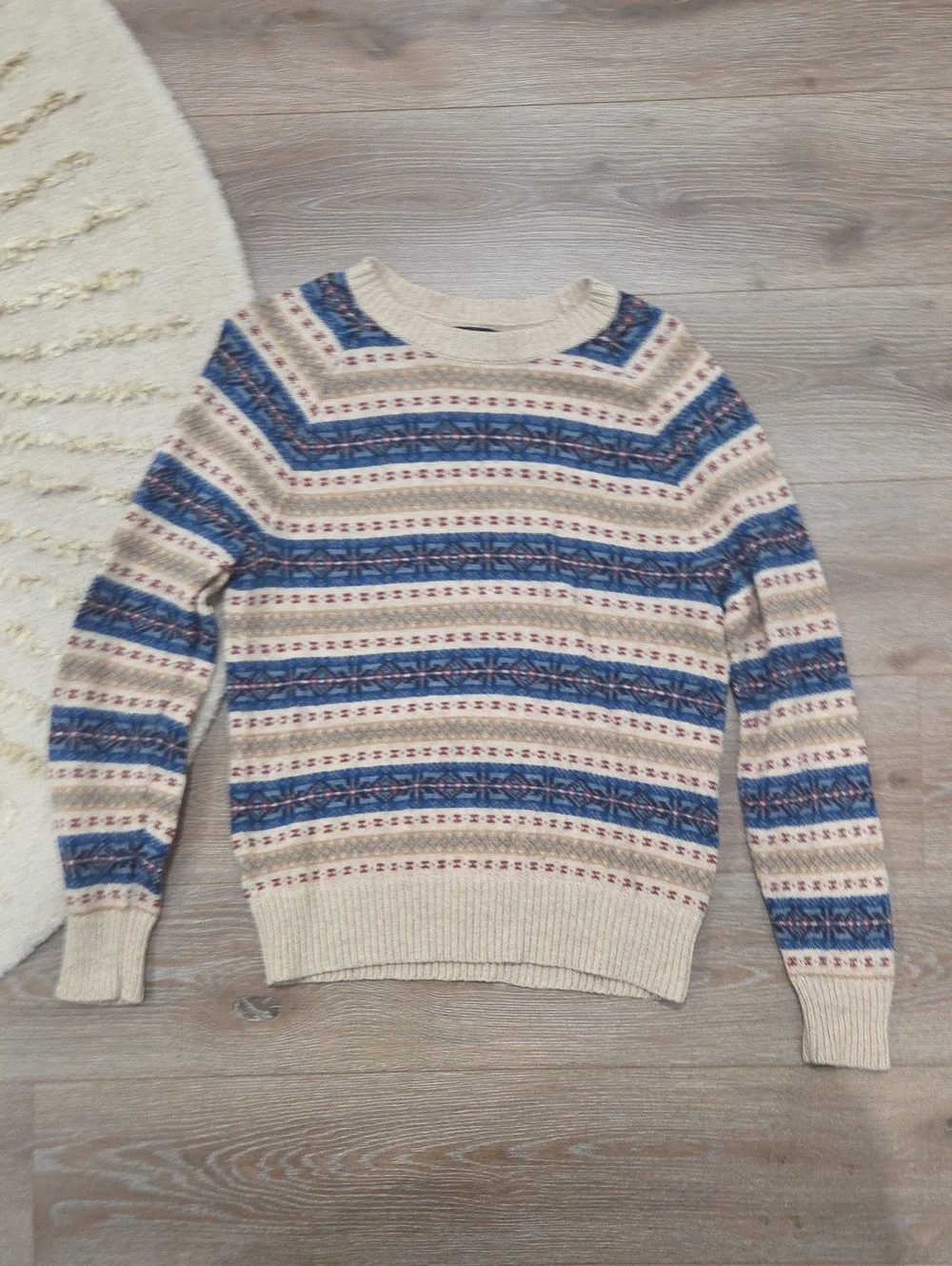 J. Crew Cream Crewneck Sweater with Blue Fair Isle Pattern